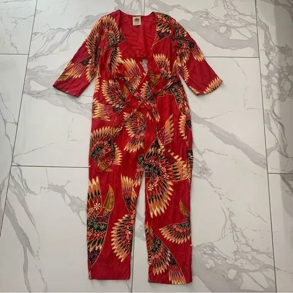 FARM Rio Jumpsuit Women Small Red Wonderful Deep V-Neck toucans Crop Ajustable - Picture 1 of 12
